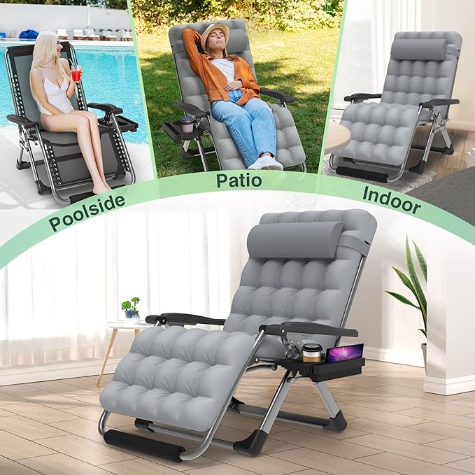 Suteck Oversized Zero Gravity Chair,33In XXL Lounge Chair w/Removable Cushion&Headrest, Reclining Camping Chair w/Upgraded Lock and Footrest, Reclining Patio Chairs Recliner for Indoor Outdoor,500LBS Suteck