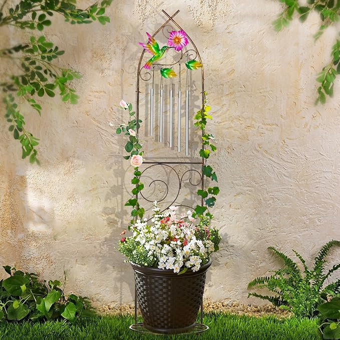 Plant Stands with Garden Trellis, 48” Metal Standing Wind Chimes Plant Pot Trellis with Hummingbird for Garden Patio Backyard Climbing Plants Outdoor Decor LEWIS%26WAYNE