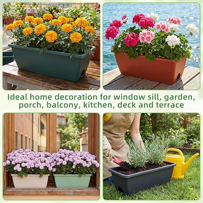 12 Pack Window Box Planter 17 Inches Rectangular Vegetable Flower Planters with Drainage Holes and Saucers Plastic Flower Pots Coloful Herb Planter for Indoor Outdoor Patio Garden Home Decor Purpeak