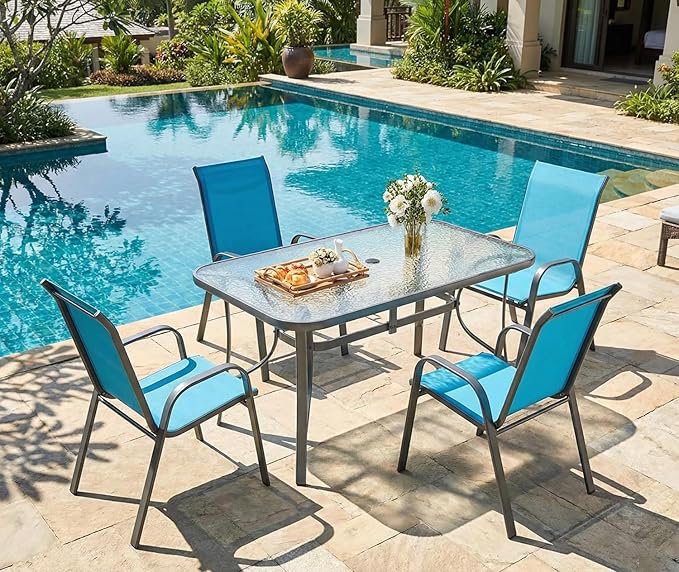 MAMIZO Patio Dining Chairs, Stackable All Weather Teslin Chair, Heavy Duty Outdoor Breathable Chairs Set, w/Armrests, Upgraded Chair FeetW/Strenthened Iron Spacers, 330 LBS (4, Turquoise Blue) MAMIZO