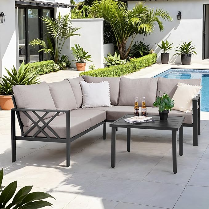 Patio Furniture Set, 6-piece Metal Sectional Furniture Sofa with Coffee Table, L Shaped Outdoor Couch with Olefin Cushion, Highback Frame, Outdoor Patio Conversation Sets for Balcony Backyard, Grey ONBRILL