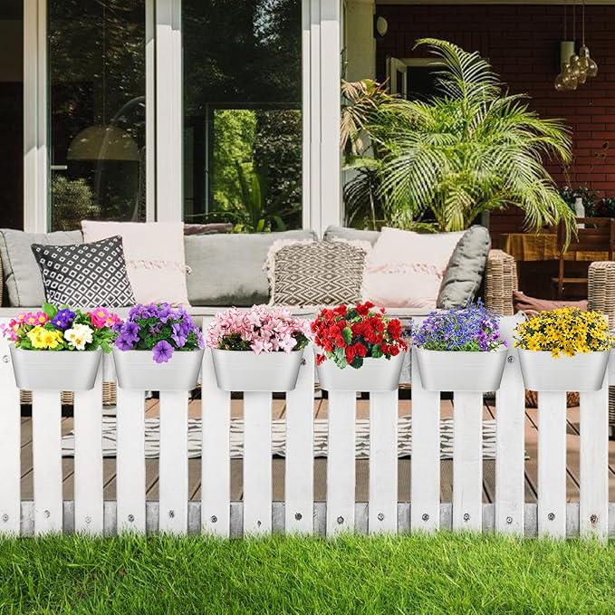 MADHOLLY Railing Planter with Drainage Holes - 6Pcs Sturdy Bucket Pots for Railing Fence, Countryside Style Metal Flower Pots for Herbs Balcony Garden Yard Decor, White MADHOLLY