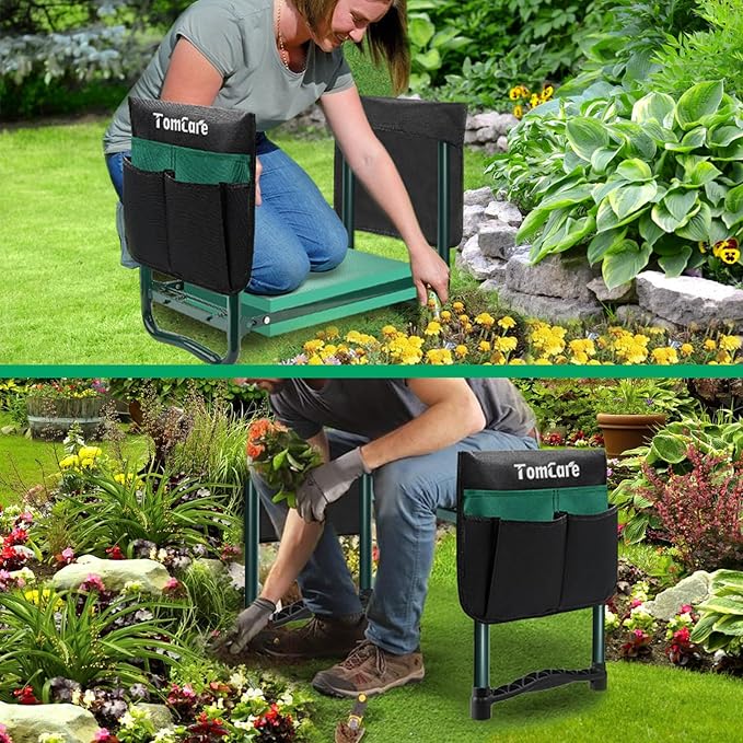 TomCare Garden Kneeler and Seat 10.64” Wider Larger Soft Kneeling Pad Garden Bench with 2 Large Tool Pouches Heavy Duty Garden Stool Foldable Tools Gardening Gifts for Women Men Gardeners TomCare