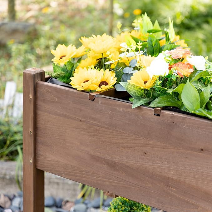 Outsunny Raised Garden Bed with 8 Grow Grids, Wooden Outdoor Plant Box Stand with Folding Side Table and Wheels, 49" x 21" x 34", for Vegetables, Flowers, Herbs, Brown Outsunny
