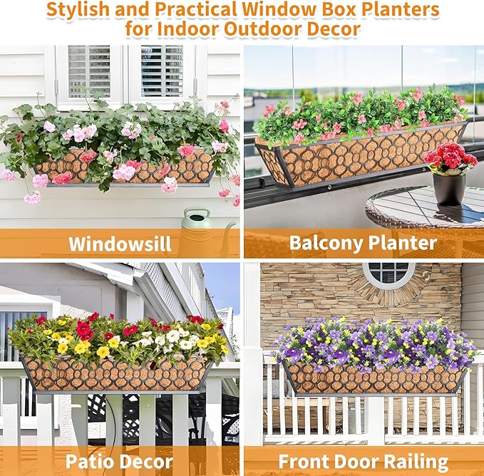 Riare 2 Pack 24 Inch Window Boxes Planters with Coco Liner, Metal Deck Railing Planter Boxes, Balcony Planters Railing Hanging, Horse Trough Window Flower Planter Boxes for Outdoor Porch Fence Patio Riare