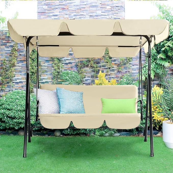 AECOJOY Porch Swing with Stand, 3-Seat Outdoor Clearance Porch Swings for Adults, Outdoor Patio Swing with Adjustable Canopy & Removable Cushion for Backyard, Garden, Balcony, Beige AECOJOY