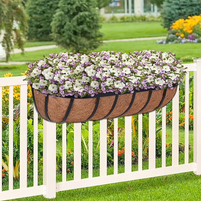 ZeeDix 4 Pack 24 Inch Railing Planter Box, Metal Window Boxes with Coco Liners for Railing, Hanging Flower Boxes for Deck Porch Balcony & Fence Outdoor Indoor Lawn ZeeDix