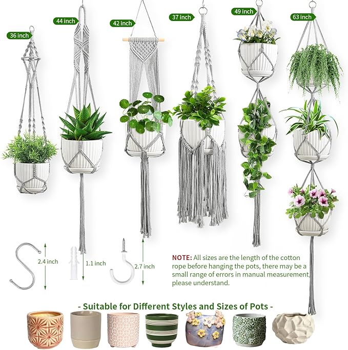 Macrame Plant Hangers, 6Pack Hanging Plant Holders Indoor w/ 6 Set Hooks Handmade Cotton Rope Plant Hangers Set Flower Pots Holder Stand Boho Home Decor Hanging Planters for Indoor Outdoor Plants TAOZIM