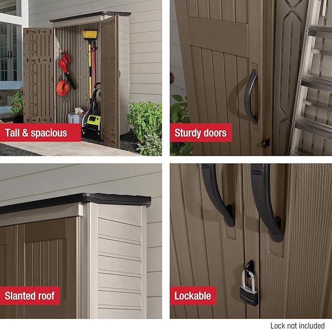 Rubbermaid Vertical Resin Outdoor Storage Shed With Floor (4 x 2.5 Ft) Weather Resistant Brown Organization for Home/Backyard/Garden Tools/Porch/Patio Cushions/Pool Chemicals/Toys Rubbermaid