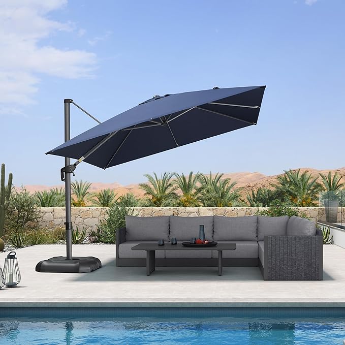PURPLE LEAF 10 Feet Patio Umbrella Outdoor Cantilever Square Umbrella Aluminum Offset Umbrella with 360-degree Rotation for Garden Deck Pool Patio, Navy Blue PURPLELEAF