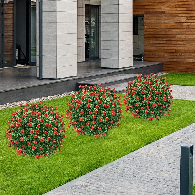 Artificial Topiary Bushes for Outdoors with Spike, Boxwood Ball Fake Shrubs UV Resistant Faux Plants for Indoor Outdoor Fall Thanksgiving Halloween Decor (Artificial Boxwood Ball Bush-Red) FAJUNZH