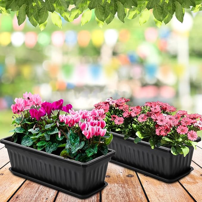 Fasmov 7 Pack 17 Inches Flower Window Box Plastic Vegetable Planters with Trays Vegetables Growing Container Garden Flower Plant Pot with 7 Pcs Plant Labels for Balcony, Patio, Garden, Black Fasmov