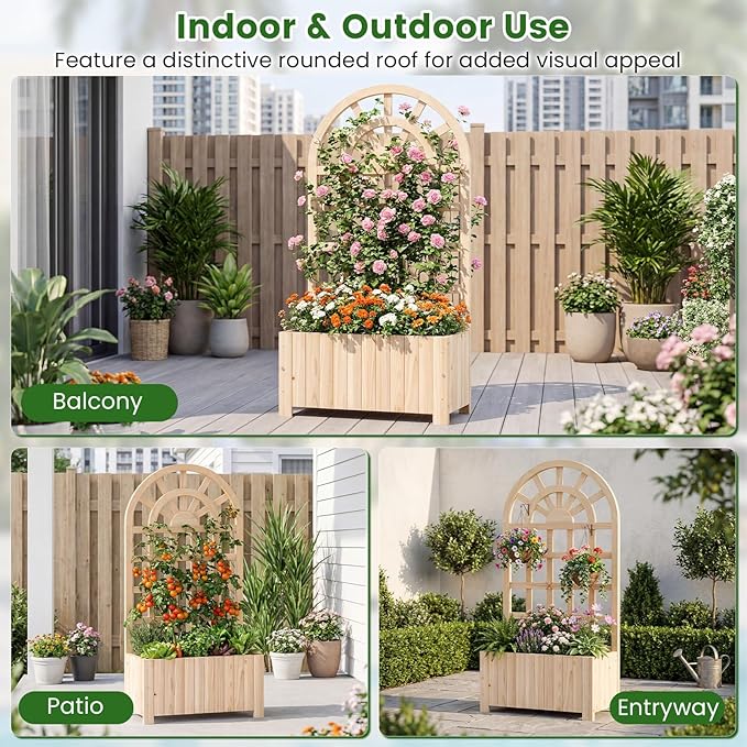 Giantex Wooden Raised Garden Bed with Arched Trellis Set 2, 48” Fir Wood Outdoor Elevated Planter Box Privacy Screen w/Drainage Hole, Vertical Garden Bed for Climbing Plants, Patio Balcony Backyard Giantex