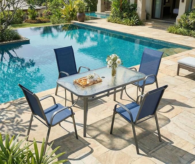 MAMIZO Patio Dining Chairs, Stackable All Weather Teslin Chair, Heavy Duty Outdoor Breathable Chairs Set, w/Armrests, Upgraded Chair FeetW/Strenthened Iron Spacers, 330 LBS (4, Navy Blue) MAMIZO