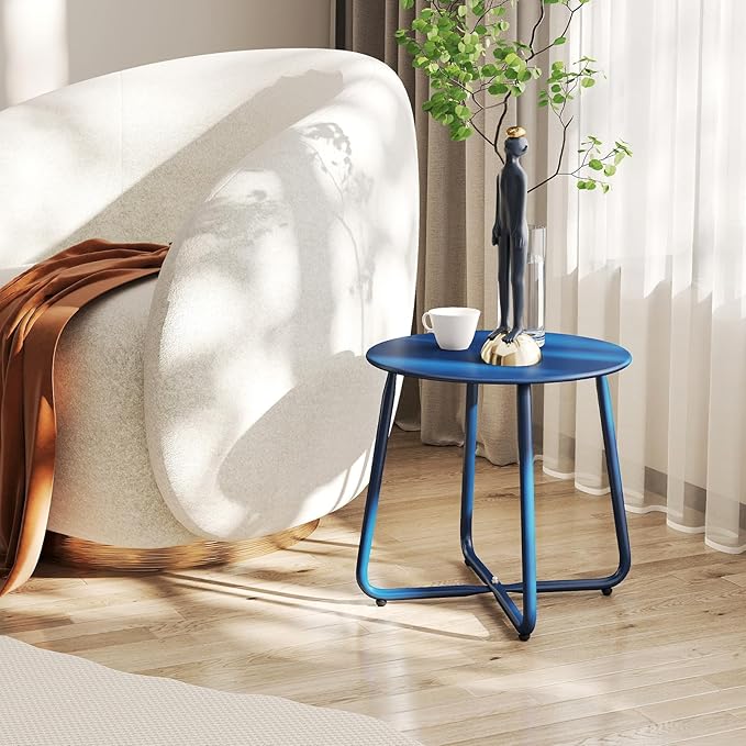 HollyHOME Round Metal Side Table, Rust-Resistant Patio Small Plant Stand, Outdoor 17.32'' Portable End Table for Balconies, Gardens, Living Rooms and Bedrooms, Navy Blue HollyHOME