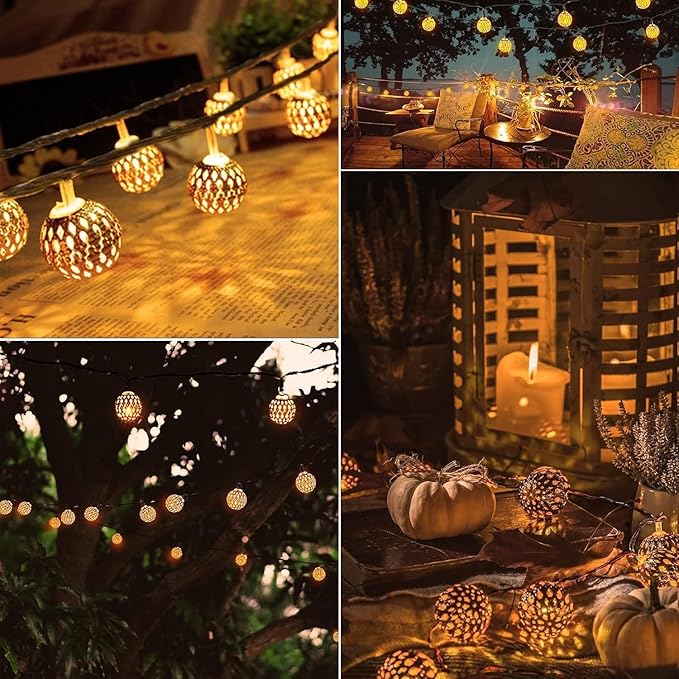 Brightown Solar Moroccan String Lights Outdoor 60 LED 36 Ft Globe Fairy Lights with 8 Lighting Modes, Waterproof Solar Powered String Lights for Garden Yard Gazebos Camping Party Holiday (Warm White) Brightown