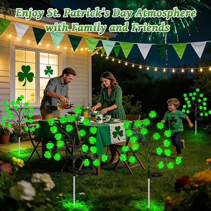 4 Pack St Patricks Day Solar Outdoor Lights, 80 LED St Patricks Day Decorations, Solar Shamrock Stakes Lights with 8 Modes, Waterproof Lucky Green Clover Pathway Light for Yard Garden Lawn Decor HELESIN