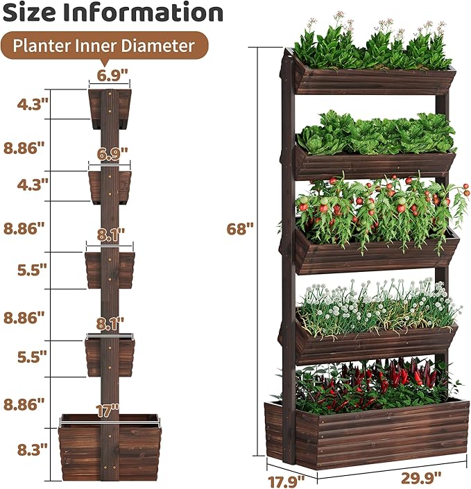 FILWH Wooden Raised Garden Bed Vertical Planter Box, Freestanding Plant Stand for Indoor Outdoor Plants, Herbs, Flowers, Vegetables, Gardening (Carbonized, 5-Tier,29.9 x 17.9 x 68in) FILWH