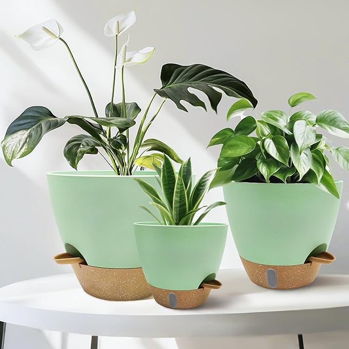 12/10/9/8 inch Self Watering Pots with Visual Water Window, Extra Large Self Watering Plant Pot with Drainage Holes and Saucers, Green Flower Pots for Indoor Plants SORANGEUN