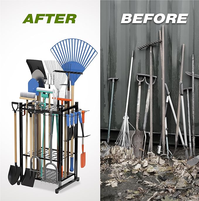 Garden Tool Organizer Rack Up to 50 Tools, Heavy-Duty Steel Yard Tool Organizer for Garage Storage with 11 Hooks, Broom Holder & Garden Tool Rack for Shed, Patio, Outdoor Use, Black Sttoraboks
