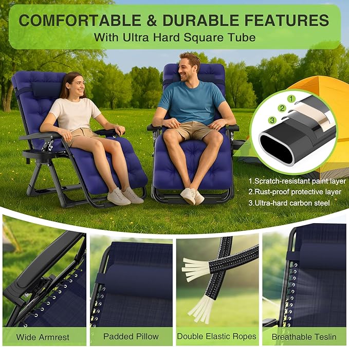 Suteck Zero Gravity Chair Set of 2, Reclining Camping Lounge Chair w/Removable Cushion, Upgraded Lock and Cup Holder, Reclining Patio Chairs Folding Recliner for Indoor and Outdoor Suteck