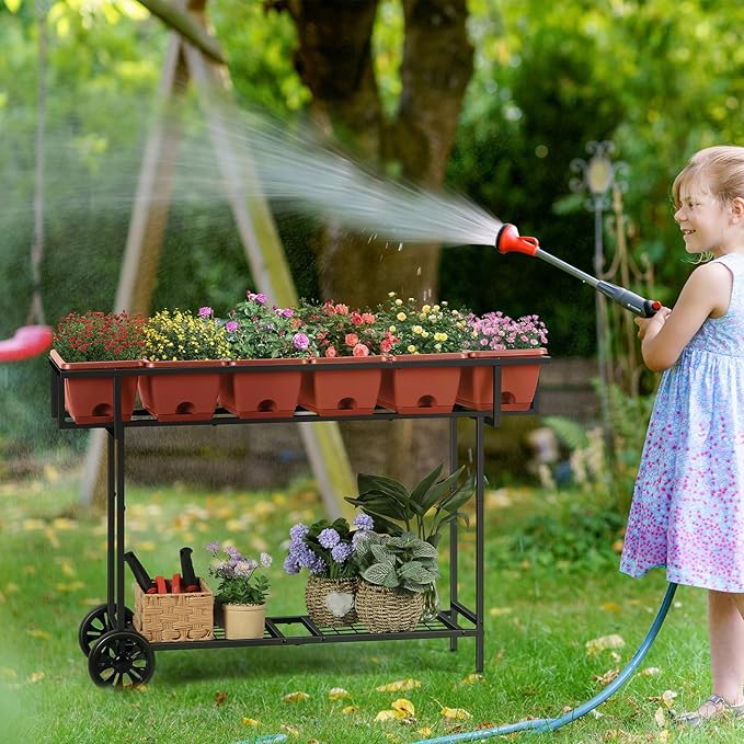 YBING Elevated Garden Bed with Wheels Outdoor 42x17x30in Elevated Raised Planter Box Stand 6 Pocket Herb Garden Planter with Storage Shelf for Balcony Patio, Red YBING