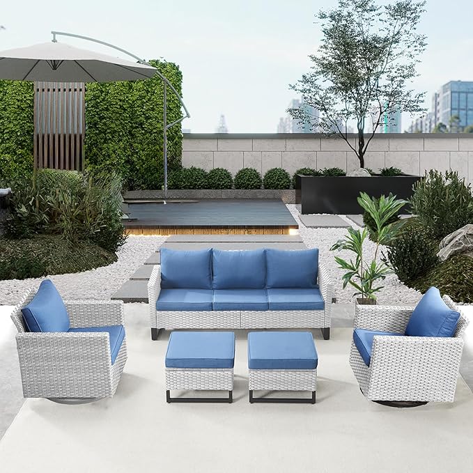 Belord Wicker Patio Furniture 5 Piece Outdoor Sofa Set, Oversize Outdoor Swivel Rocker Chairs with Rattan Ottomans, Conversation Sets Patio Furniture Come with Removable Cushion Blue, Light Grey Belord