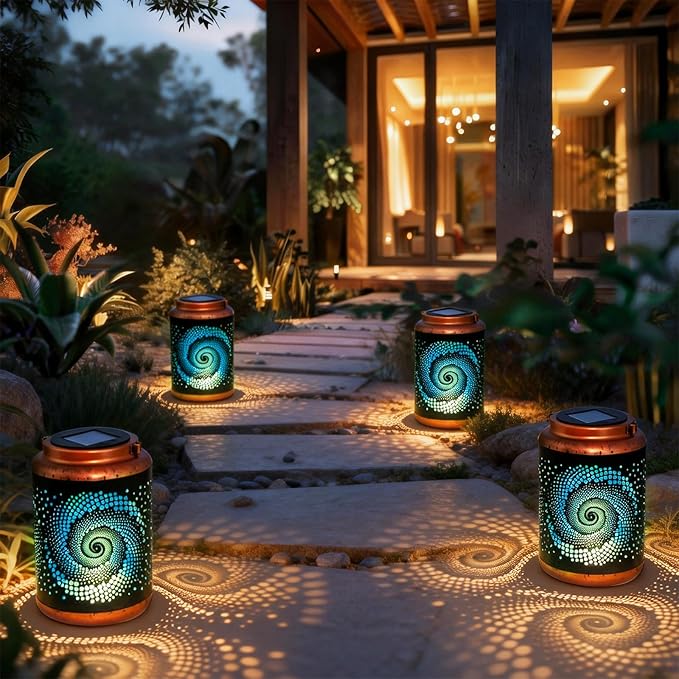 2 Pack Solar Lanterns Outdoor Hanging Metal Waterproof LED with Solar Powered Garden Patio Decorations Decor with Handle Christmas Gift Idea DIBIEECN