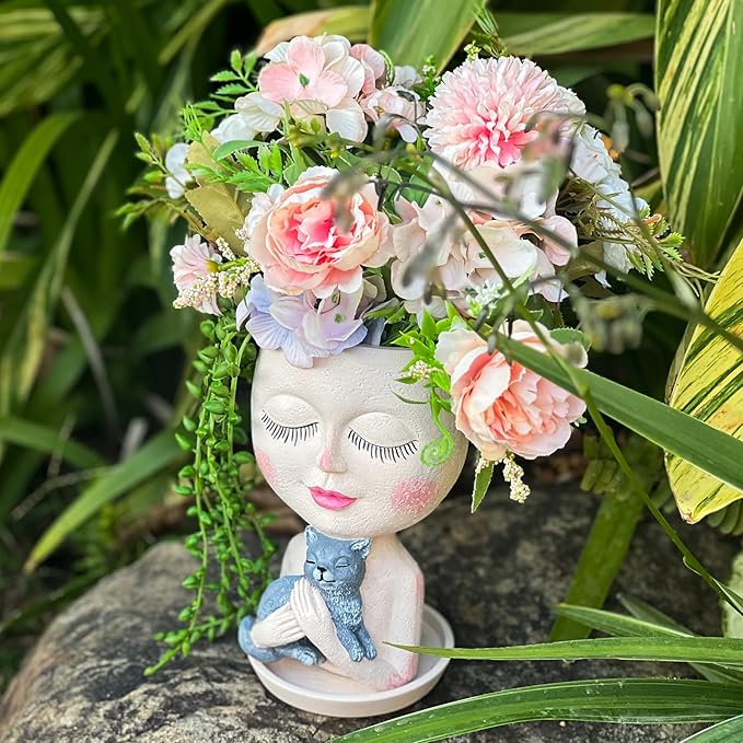 Face Plant Pots Head Planters - Face Flower Pot Head Planter with Cat, Succulent Pots with Drainage Hole, Resin Lady Planter for Indoor Outdoor, Home Decor, Mother's Day/Women Gifts ASDFG