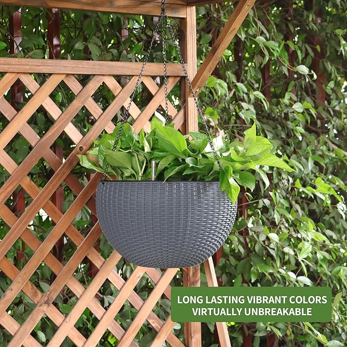 Dexceder 9 Inch Self Watering Hanging Planters Indoor Outdoor, Thickened Hanging Basket Flower Plant Pot with Water Level Indicator (Gray) Dexceder