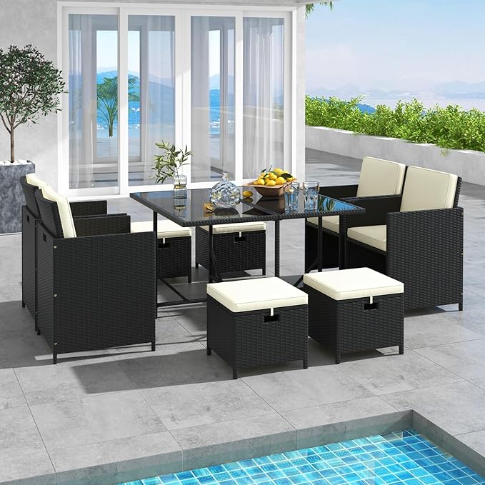 Tangkula 9 Pieces Outdoor Dining Furniture Set, Space-Saving Wicker Rattan Chairs & Tempered Glass Table with Ottomans, Cushioned Seat, Patio Conversation Set for Garden Yard Poolside TANGKULA