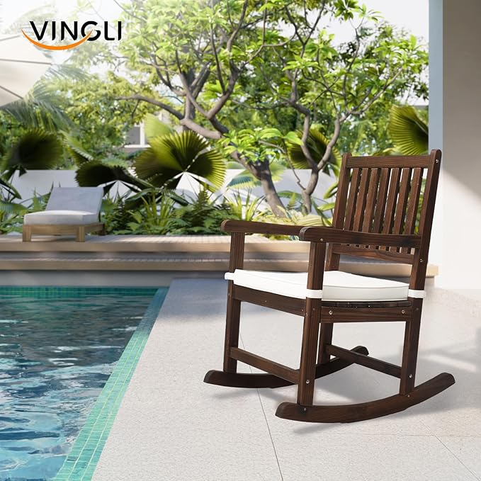 VINGLI Outdoor Rocking Chair, Weatherproof Rocker with Cushion, Wooden Rocking Bench Support 450 LBS for Patio, Yard, Garden, Outdoor or Indoors, Rustic VINGLI