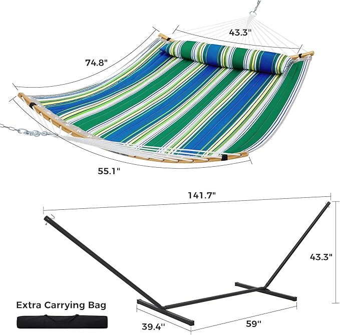 SUPERJARE Curved-Bar Hammock with Stand, 2 Person Heavy Duty Hammock Frame, Detachable Pillow & Portable Carrying Bag, Perfect for Outdoor & Indoor, Green Bold Stripe SUPERJARE