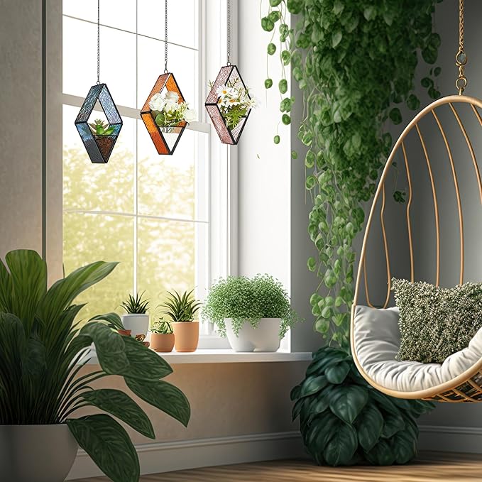 Yaomiao 3 Pcs Stained Glass Hanging Plant Terrariums Hanging Glass Planter Small Geometric Terrarium Air Plant Terrarium with Chain for Succulent Moss Holders Garden Wall Windowsill (Vivid Color) Yaomiao