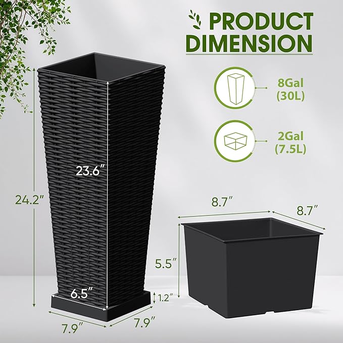 Devoko Resin Tall Planters with Tray for Outdoor Plants Set of 2, Large Taper Outdoor Planter Pots with 4 Drainage Holes, Flower Pots Modern Decor for Porch, Patio, Backyard, Garden(Black, 24") DEVOKO