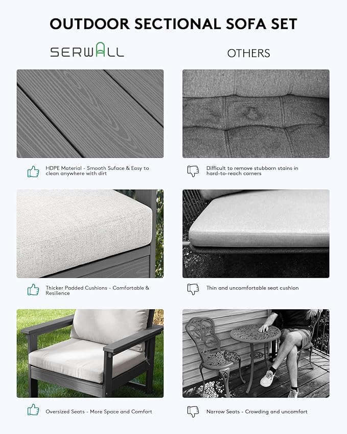 SERWALL Outdoor Sectional Sofa Set, 5-piece Outdoor Modula Couch Set with Ottoman, All Weather Patio Furniture Set with Chaise for Deck, Lawn, Gray Frame with Khaki Cushion SERWALL