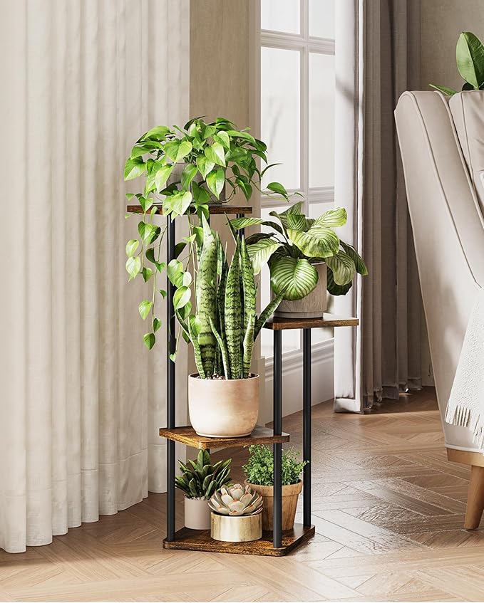 Tall Plant Stand Indoor 4 Tiered Plant Shelf for Multiple Plants Coner Shelf Stand Wood Plant Stand Metal Shelving for Living Room Bedroom Balcony Patio Brown Oak Gentingbro