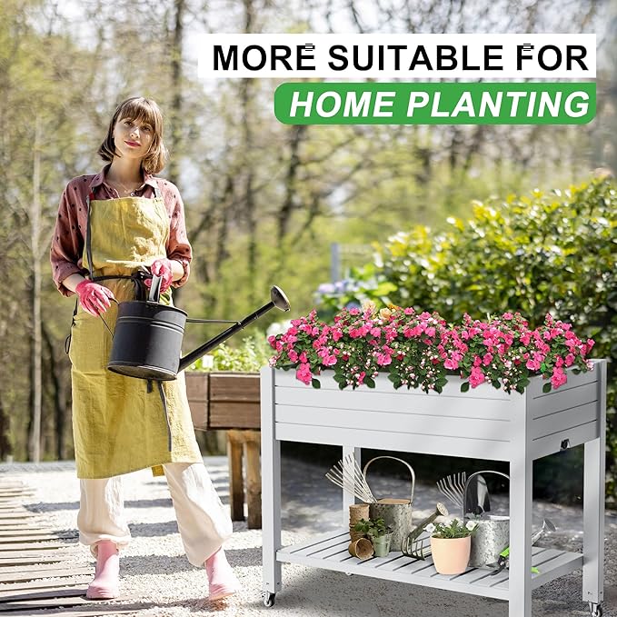 Raised Garden Bed with Legs, 33.66" Tall Self-Watering Resin Planter Box with Lockable Wheels Drainage Plug and Gauge for Vegetables, Flowers, Storage Shelf for Tools and Accessories (Ashen) OutdoorLivingPerfected