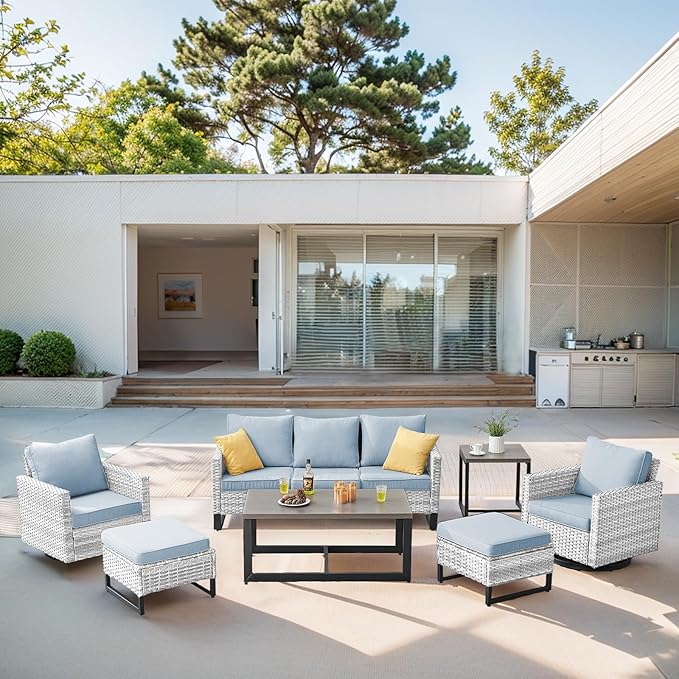 Belord 7 Piece Outdoor Furniture Patio Wicker Sofa Set, Oversize Outdoor Swivel Rocker Chairs with Rattan Ottomans, Conversation Sets Patio Furniture Come with Removable Cushion Baby Blue, Light Grey Belord