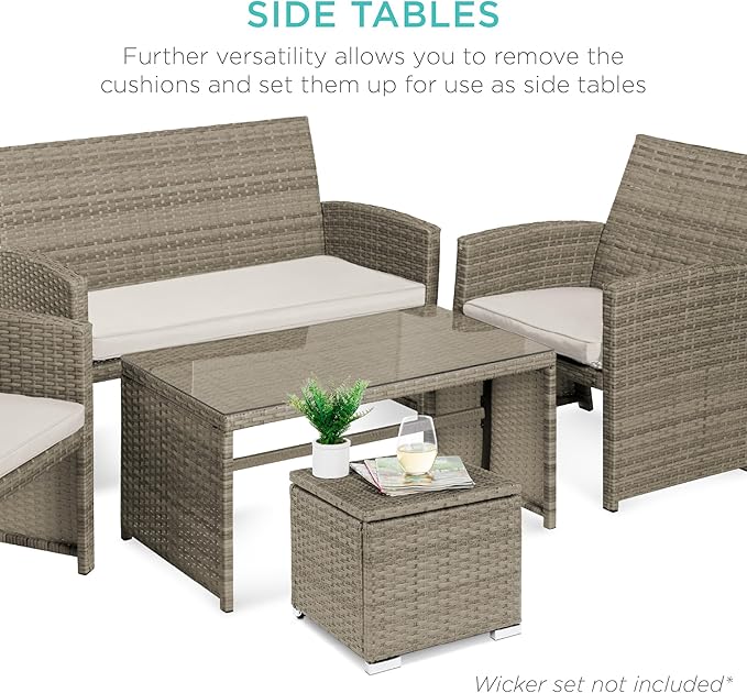 Best Choice Products Set of 2 Wicker Ottomans, Multipurpose Outdoor Furniture for Patio, Backyard, Additional Seating, Footrest, Side Table w/Storage, Removable Cushions - White Sand/Taupe BestChoiceProducts