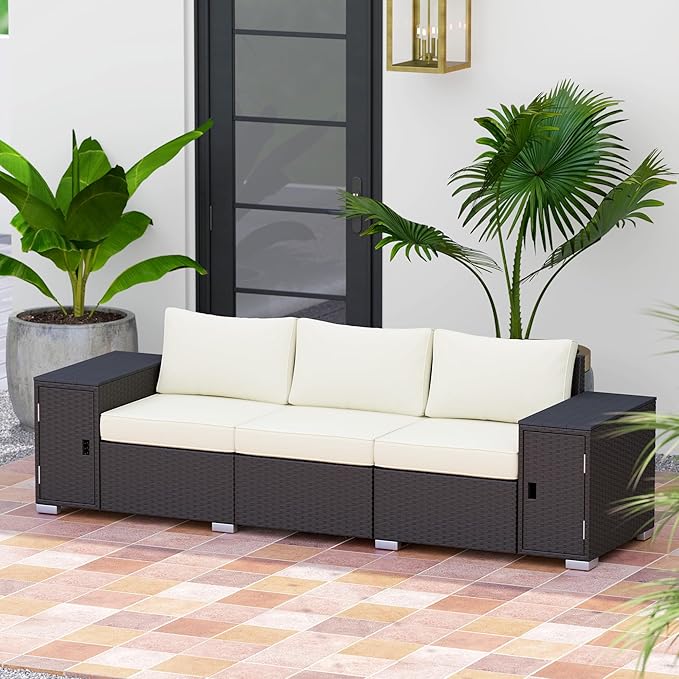 Outsunny 3 Seater Wicker Sofa with 2 Storage Side Tables and Thickened Cushions, Rattan Outdoor Patio Sofa with Wide Armrests, Wicker Outdoor Couch for Porch, Garden, Backyard, Cream White/Brown Outsunny