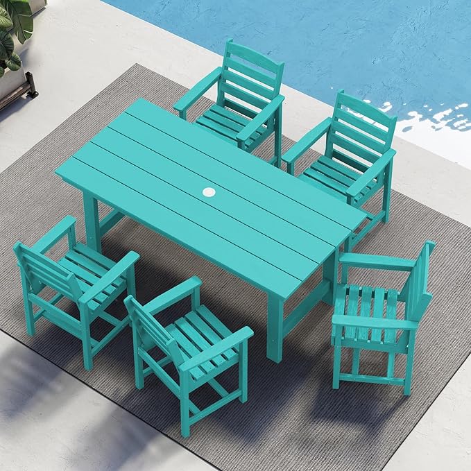 SERWALL Patio Table Set, 5-Piece Outdoor HDPE Furniture with Umbrella Hole, All Weather Dining Table and Chairs for Lawn, Garden, Poolside, Aruba SERWALL