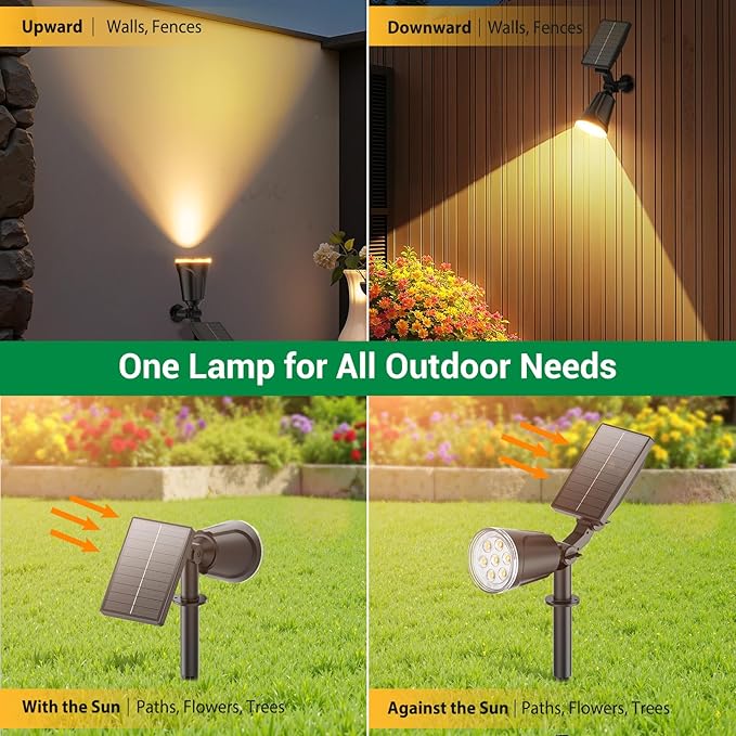 Solar Spot Lights Outdoor Waterproof: 1000LM Big Adjustable Spotlight - 2-in-1 15Hrs+ Long Lasting Spot Light - Solar Powered Spotlights Landscape Lighting for Garden, Yard, Tree, Flag, Wall, Pathway BONLION
