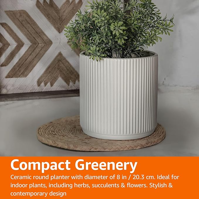 Amazon Basics Fluted Ceramic Round Planter, 8-inch, White AmazonBasics