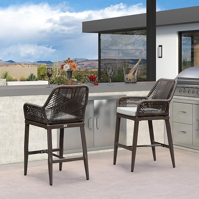 PURPLE LEAF Outdoor 24" Counter Height Bar Stools Chair Set of 2, All Weather Rattan and Aluminum Patio Bar Stool with Cushion for Indoor and Outdoor, Kitchen Island, Coffee PURPLELEAF