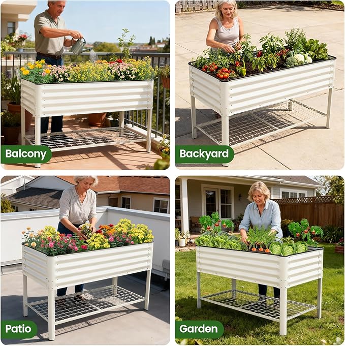 Elevated Raised Garden Bed 2' x 4'- Galvanized Metal Planter Boxes with Legs & Storage Rack, Outdoor Planters for Backyard/Patio/Balcony, with Drainage Holes for Vegetables, Flowers, Herbs, White GGOODGAIN