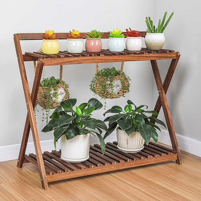 Indoor Plant Stand for Multiple Plants 2 Tier Wood Corner Plant Shelf Rack with Planter Hanger Outdoor Flower Pot Stand Holder for Yard Patio Garden Balcony Porch Living Room ( Rustic X-Cross) TOVACU