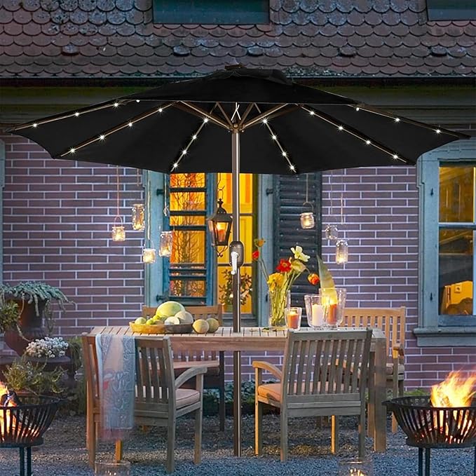Blissun 9 ft Solar Umbrella, 32 LED Lighted Patio Umbrella, Table Market Umbrella, Outdoor Umbrella for Garden, Deck, Backyard, Pool and Beach (Black) Blissun