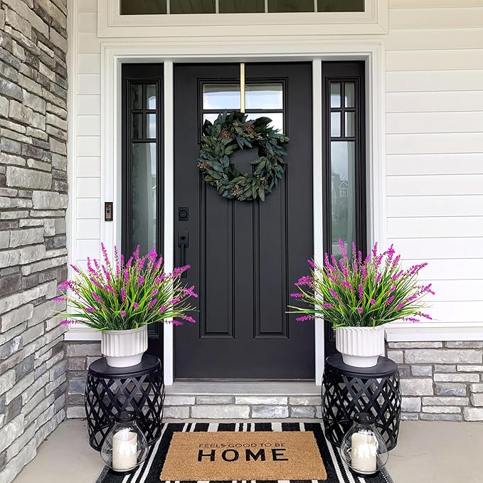 Artificial Flowers Faux Plants for Outdoor Decoration, 12 Bundles Fake Monkey Grass for Home Garden Front Porch Balcony, Lavender Flowers Shrubs UV Resistant No Fade Greenery Bush Planter (Lotus) Ammyoo