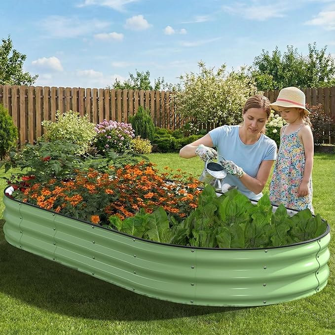 Raised Garden Bed, 8x4x1ft Galvanized Outdoor Planter Beds with Safety Edging and Gloves, Oval Metal Planter Box for Gardening Vegetables Flowers Herb-Green Patiobay